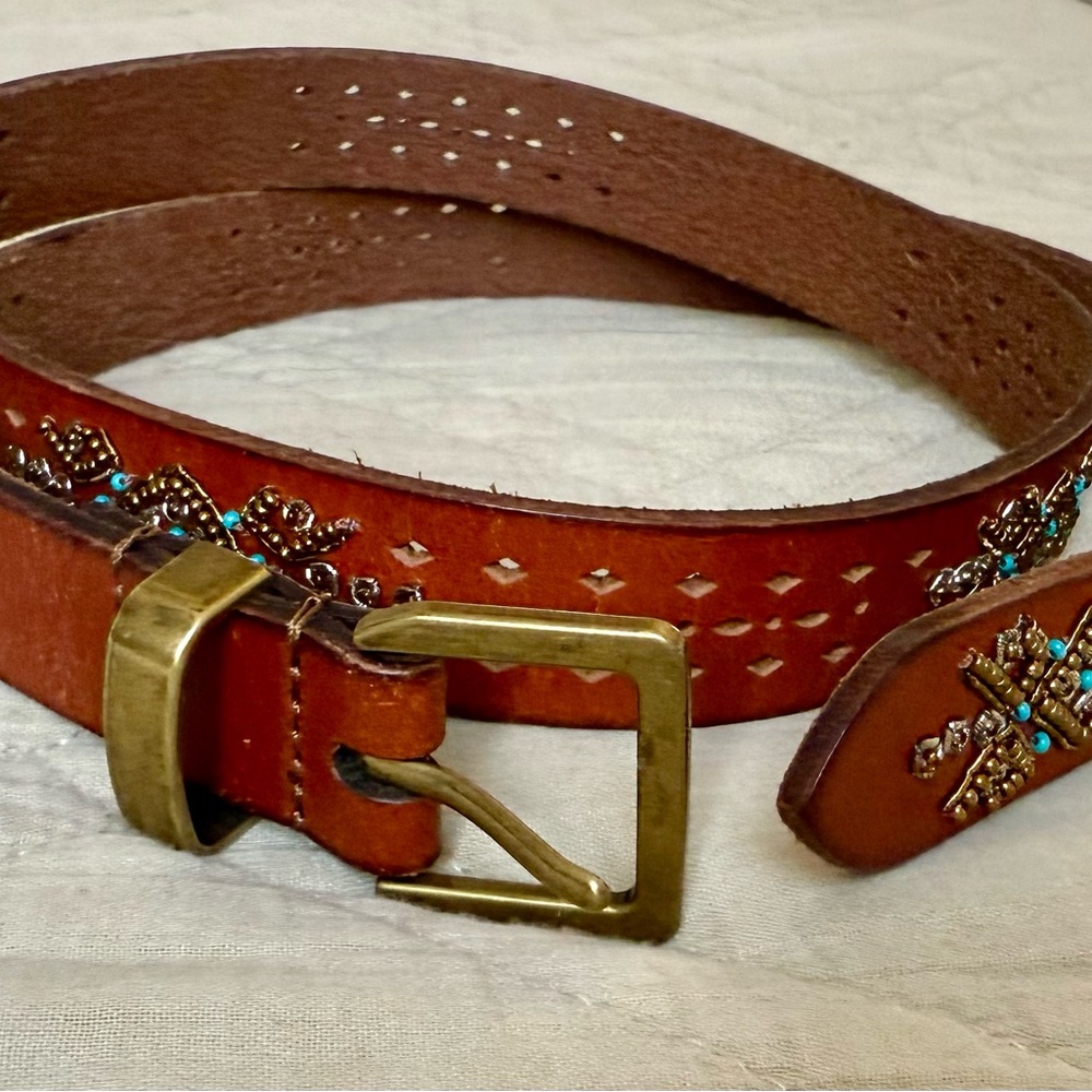 Lucky Brand Brown Leather Belt with Brass Buckle and beading detail